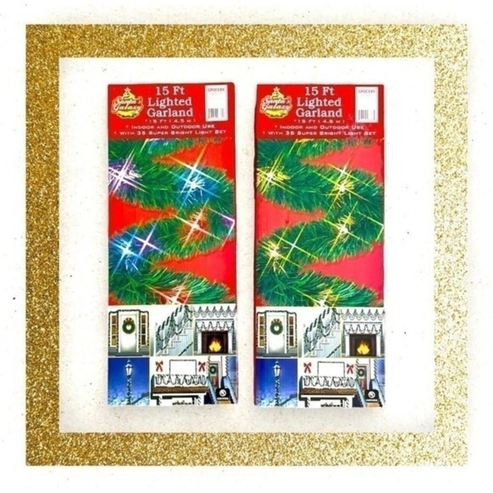 Pair of Lighted Christmas Garland 15ft 35 Super Bright Lights Indoor Outdoor NIB